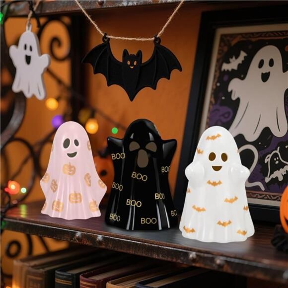 Halloween Decorations Indoor, Set of 3 Ceramic Halloween Ghosts with Witch - Picture 4 of 7
